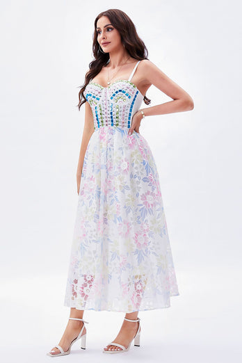 A Line Spaghetti Straps Printed Maxi Graduation Dress