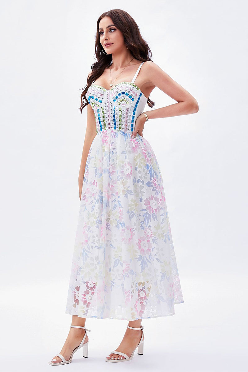 Load image into Gallery viewer, A Line Spaghetti Straps Printed Maxi Graduation Dress