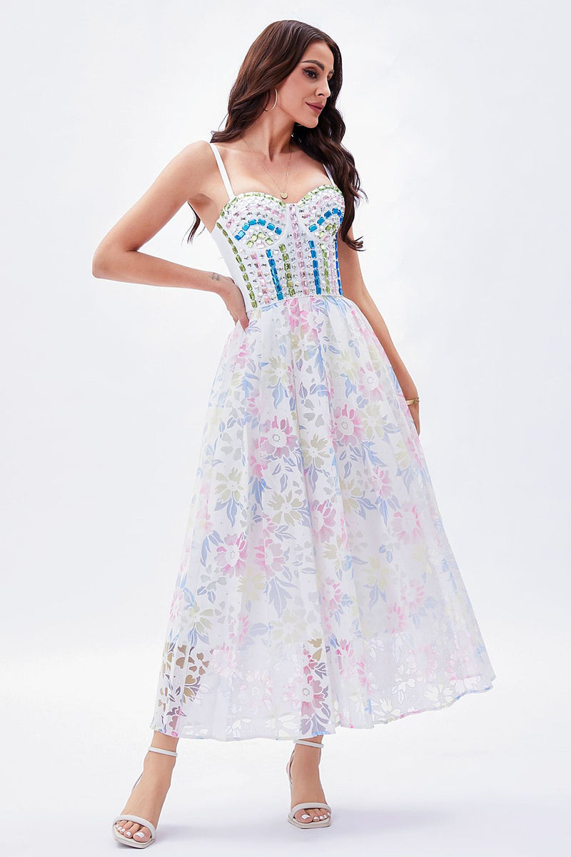 Load image into Gallery viewer, A Line Spaghetti Straps Printed Maxi Graduation Dress