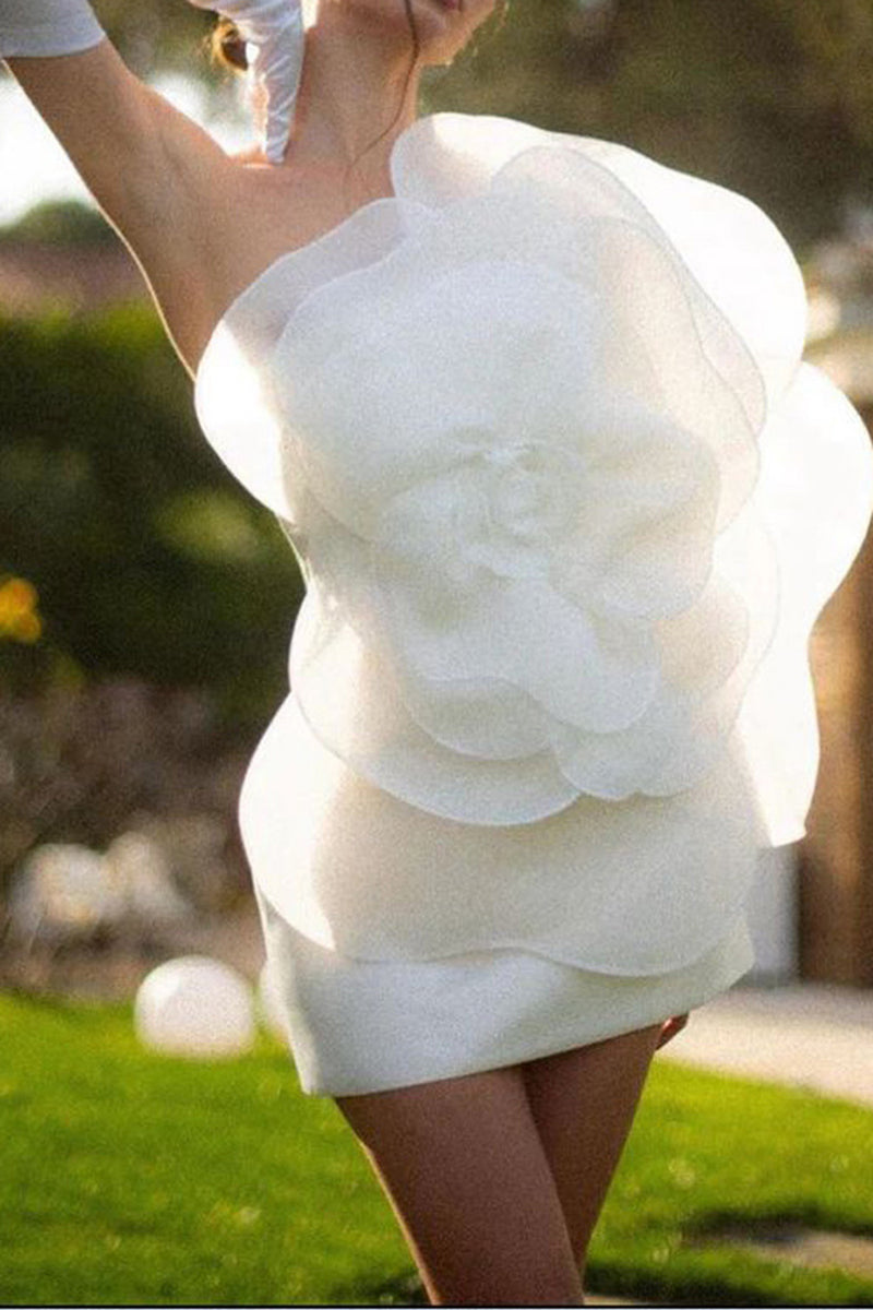 Load image into Gallery viewer, Mermaid One Shoulder Short White Graduation Dress with Big Flower