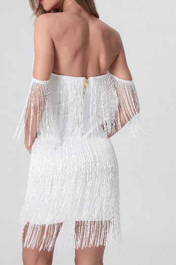 White Bodycon Off the Shoulder Mini Graduation Dress with Fringe