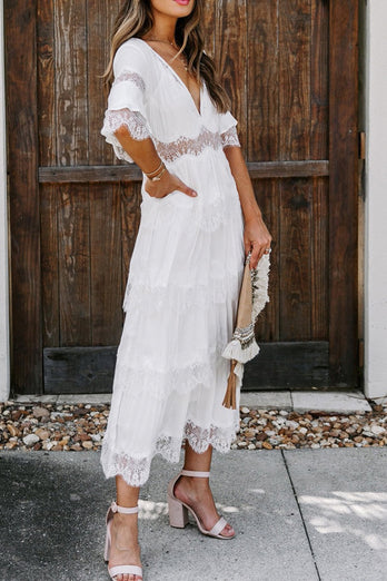 V-Neck Short Sleeves Tea Length White Graduation Dress