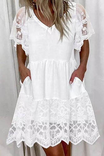 A-Line Short Sleeves White Mini Graduation Dress with Lace