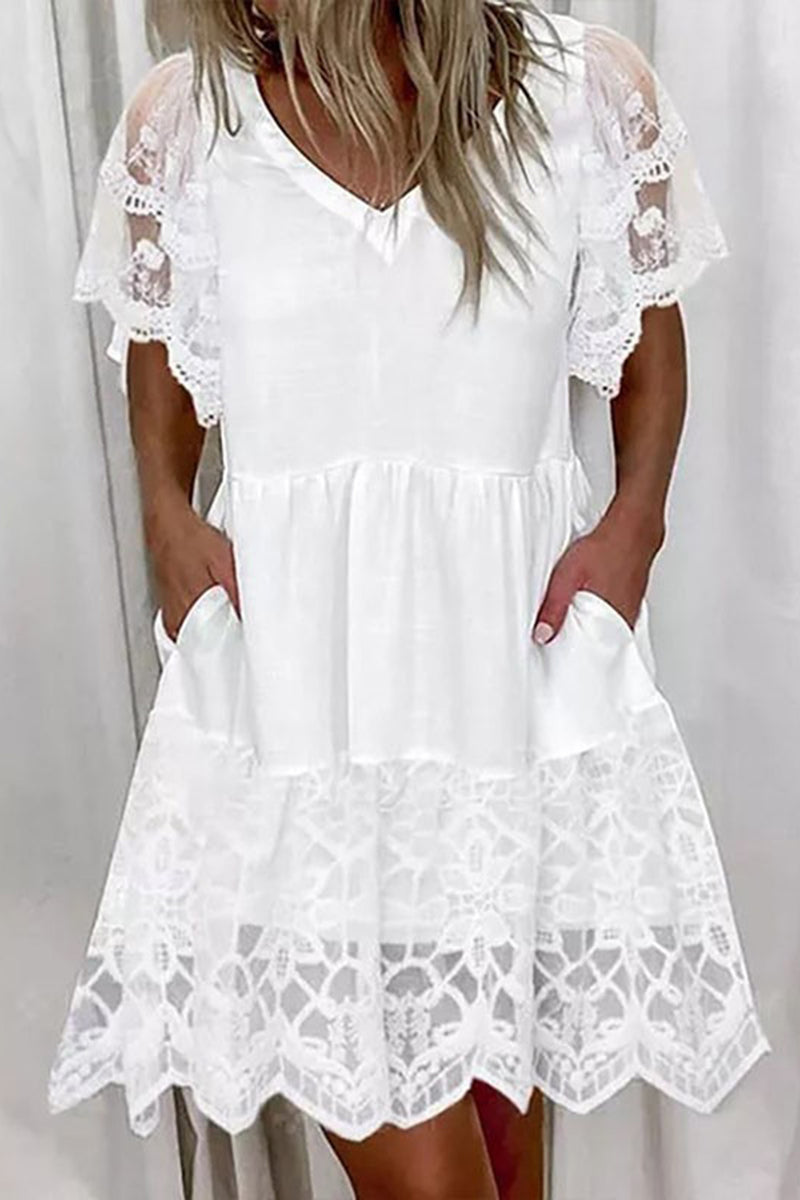 Load image into Gallery viewer, A-Line Short Sleeves White Mini Graduation Dress with Lace