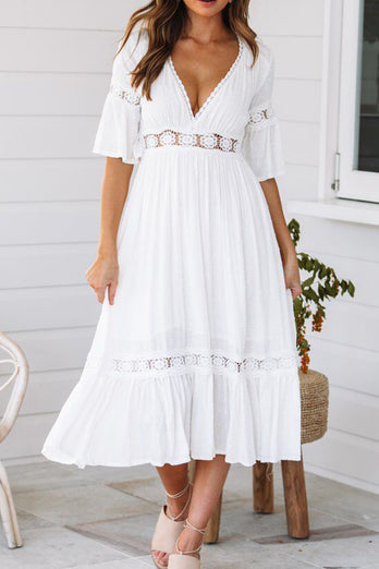 A-Line V-Neck Short Sleeves White Graduation Dress