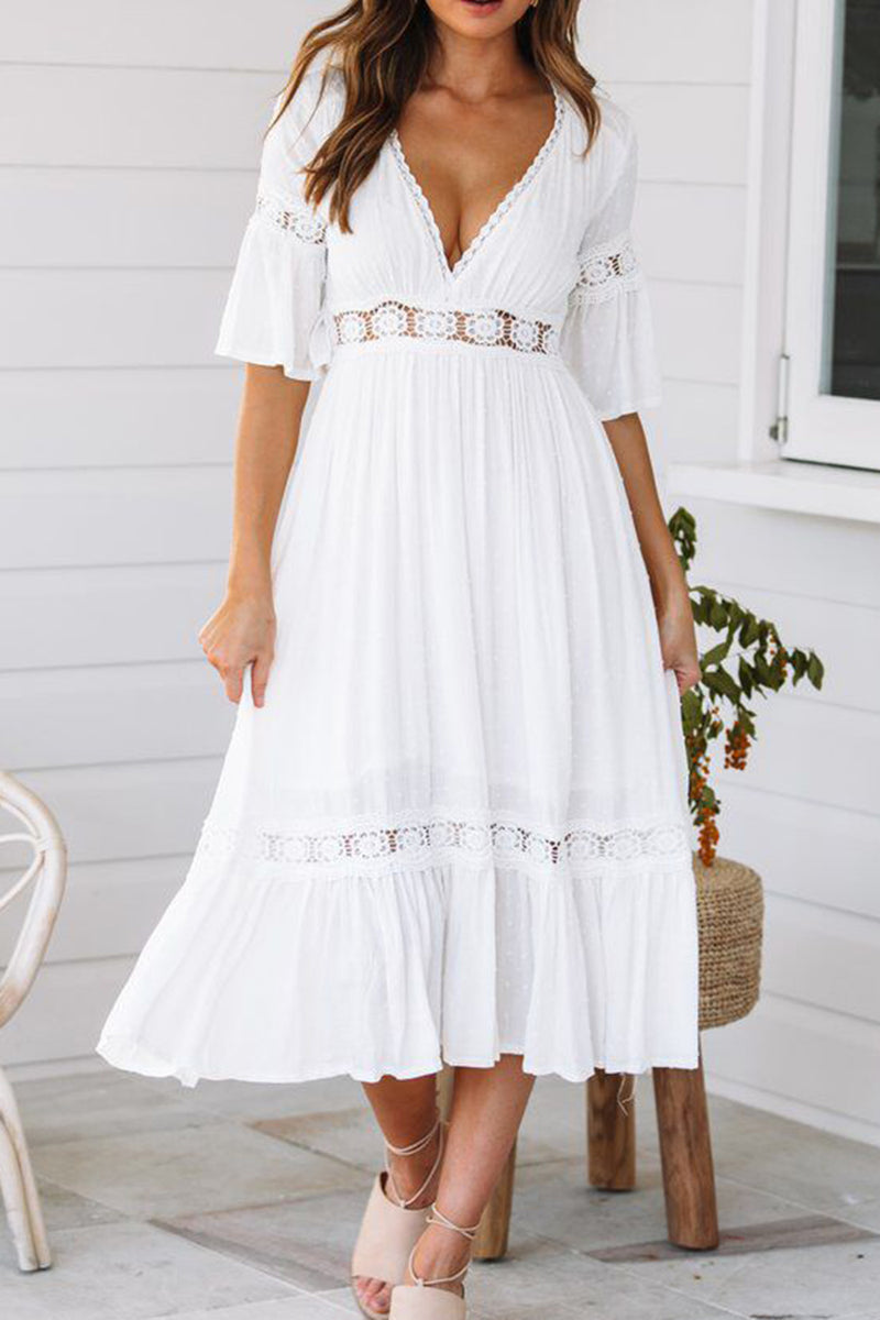 Load image into Gallery viewer, A-Line V-Neck Short Sleeves White Graduation Dress