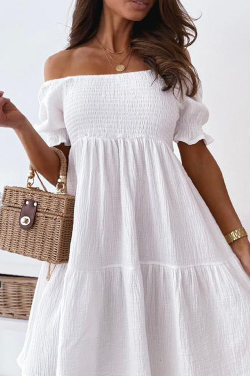 Load image into Gallery viewer, A-Line Off the Shoulder Little White Graduation Dress