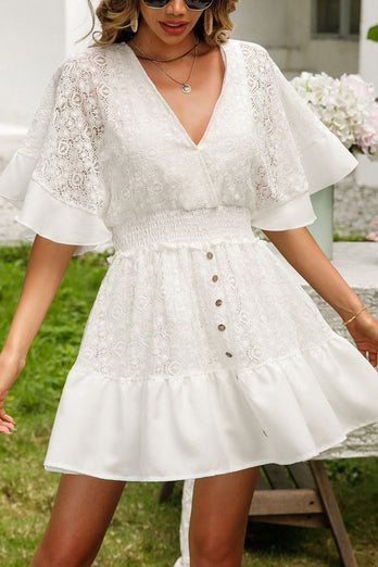 V-Neck Short Sleeves White Mini Summer Graduation Dress with Buttons