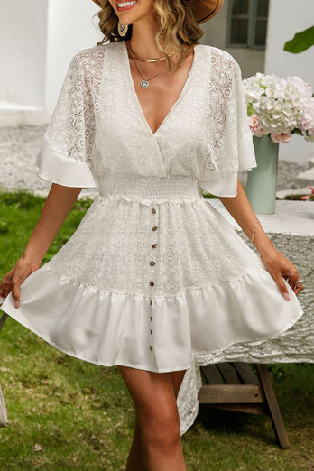 V-Neck Short Sleeves White Mini Summer Graduation Dress with Buttons