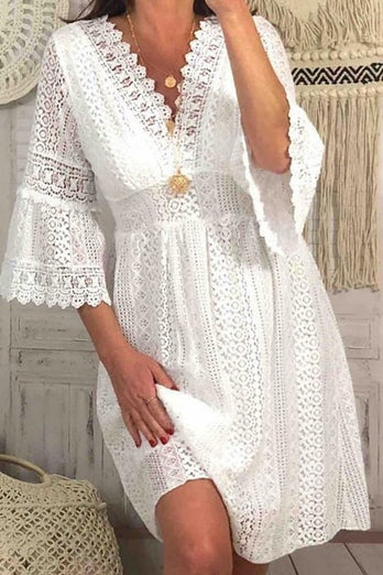 V-Neck Knee Length White Lace Summer Graduation Dress