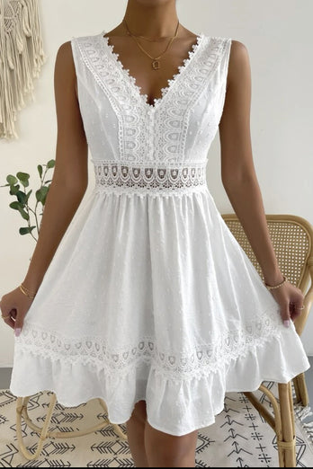 A-Line V-Neck Mini White Summer Graduation Dress