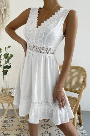 A-Line V-Neck Mini White Summer Graduation Dress