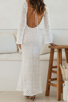 Long Sleeves Tea Length Open Back White Graduation Dress