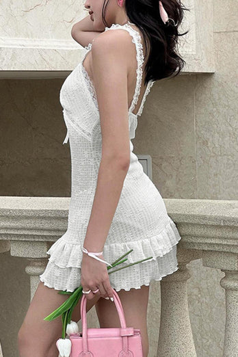 Cute Bodycon Straps Short Lace Little White Graduation Dress