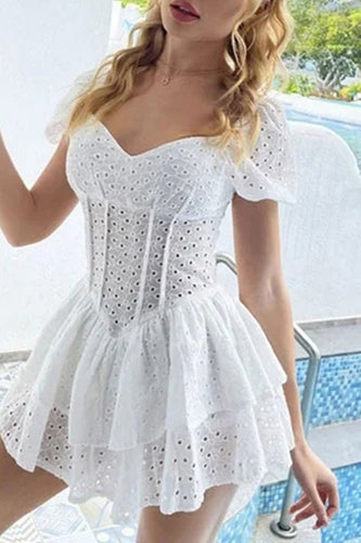 A-Line Short Sleeves Mini White Tiered Summer Graduation Dress