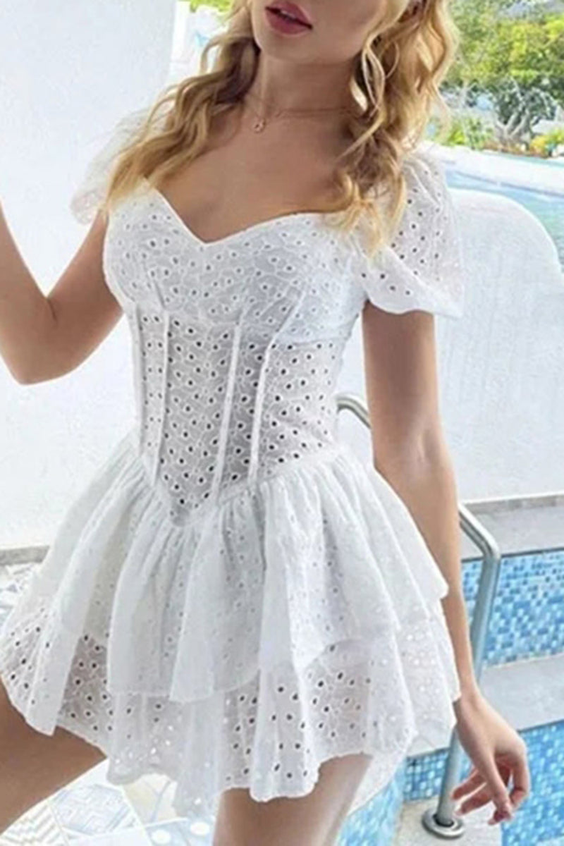 Load image into Gallery viewer, A-Line Short Sleeves Mini White Tiered Summer Graduation Dress