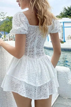 A-Line Short Sleeves Mini White Tiered Summer Graduation Dress