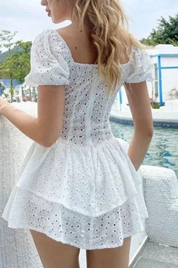 A-Line Short Sleeves Mini White Tiered Summer Graduation Dress