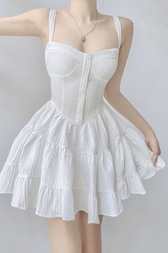 White A-Line Spaghetti Straps Mini Graduation Dress