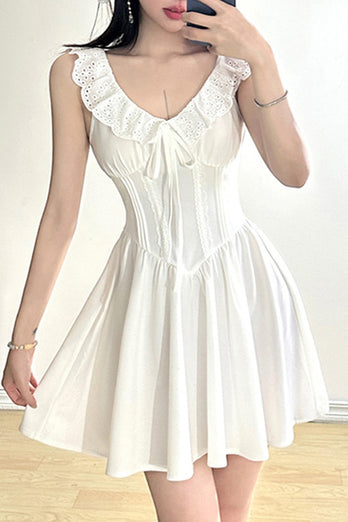 Cute A-Line V-Neck Short Mini White Graduation Dress