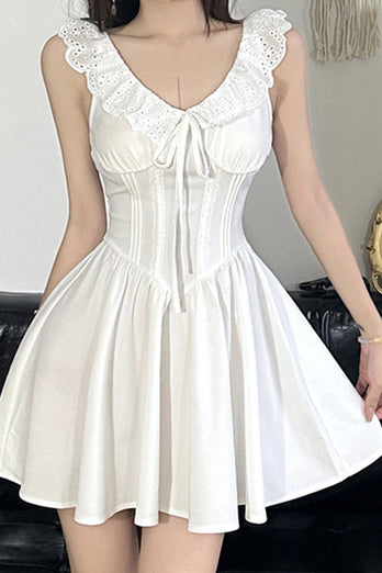 Cute A-Line V-Neck Short Mini White Graduation Dress