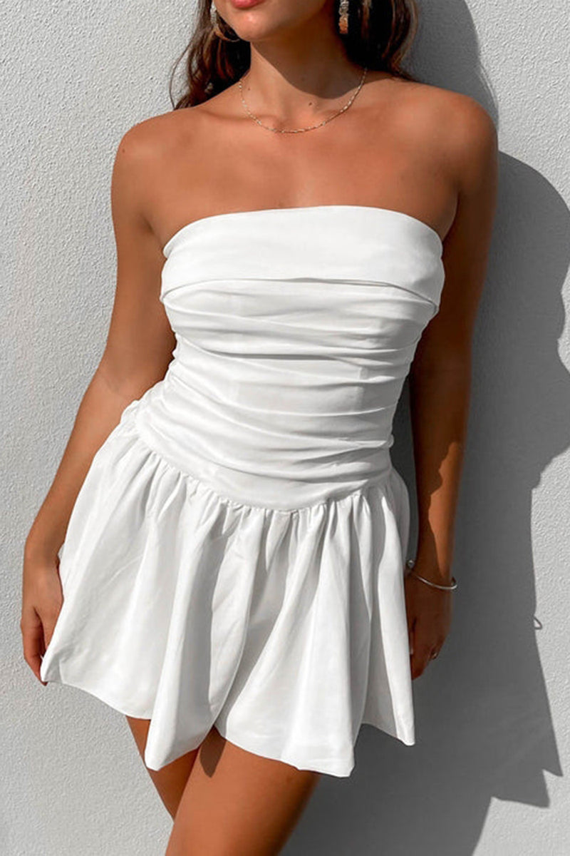 Load image into Gallery viewer, Simple A-Line Strapless Mini Pleaded White Graduation Dress