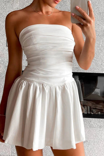 Simple A-Line Strapless Mini Pleaded White Graduation Dress