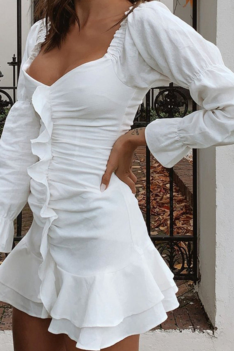 Load image into Gallery viewer, Bodycon Off the Shoulder Long Sleeves Little White Graduation Dress with Ruffles