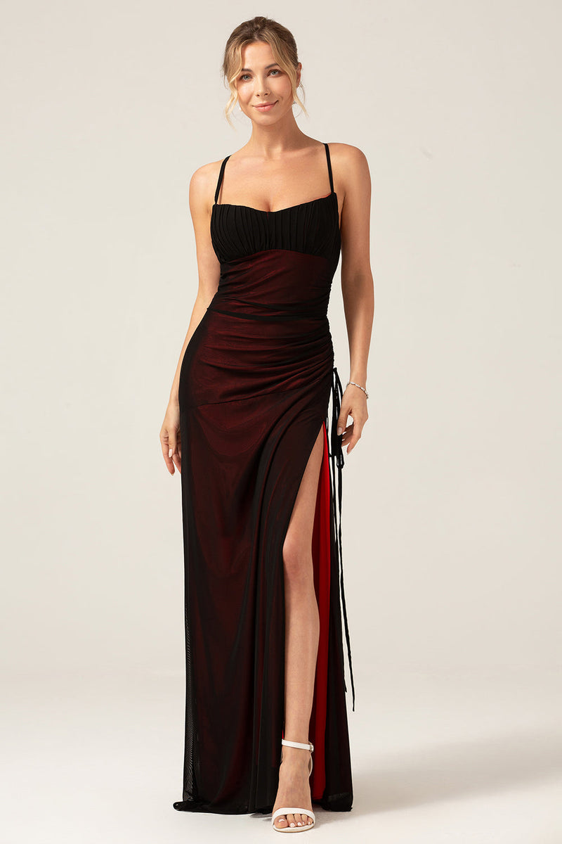 Load image into Gallery viewer, Sheath Spaghetti Straps Floor Length Black Red Bridesmaid Dress