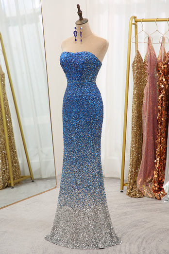 Sparkly Mermaid Blue Strapless Sequin Prom Dress