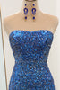 Load image into Gallery viewer, Sparkly Mermaid Blue Strapless Sequin Prom Dress