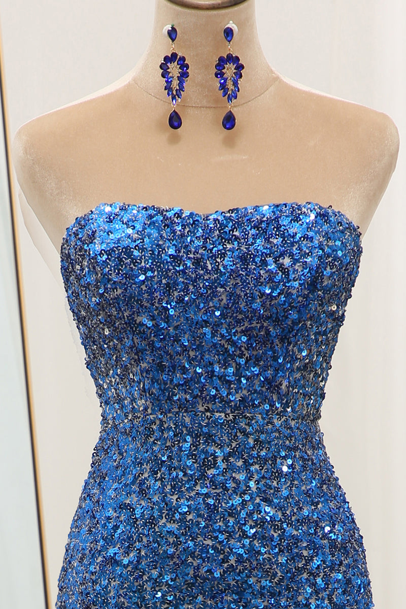 Load image into Gallery viewer, Sparkly Mermaid Blue Strapless Sequin Prom Dress