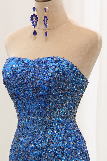 Sparkly Mermaid Blue Strapless Sequin Prom Dress