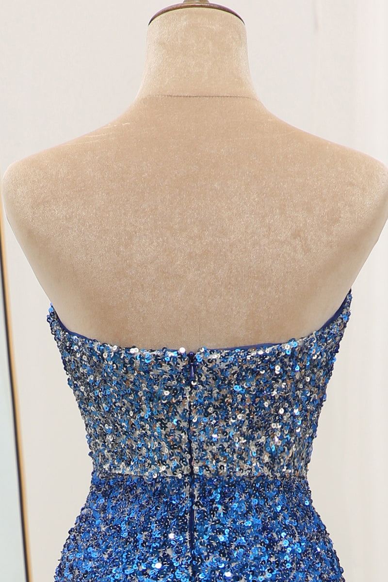 Load image into Gallery viewer, Sparkly Mermaid Blue Strapless Sequin Prom Dress