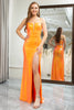 Load image into Gallery viewer, Orange Mermaid Spaghetti Straps Sequin Long Prom Dress with Slit