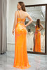 Load image into Gallery viewer, Orange Mermaid Spaghetti Straps Sequin Long Prom Dress with Slit