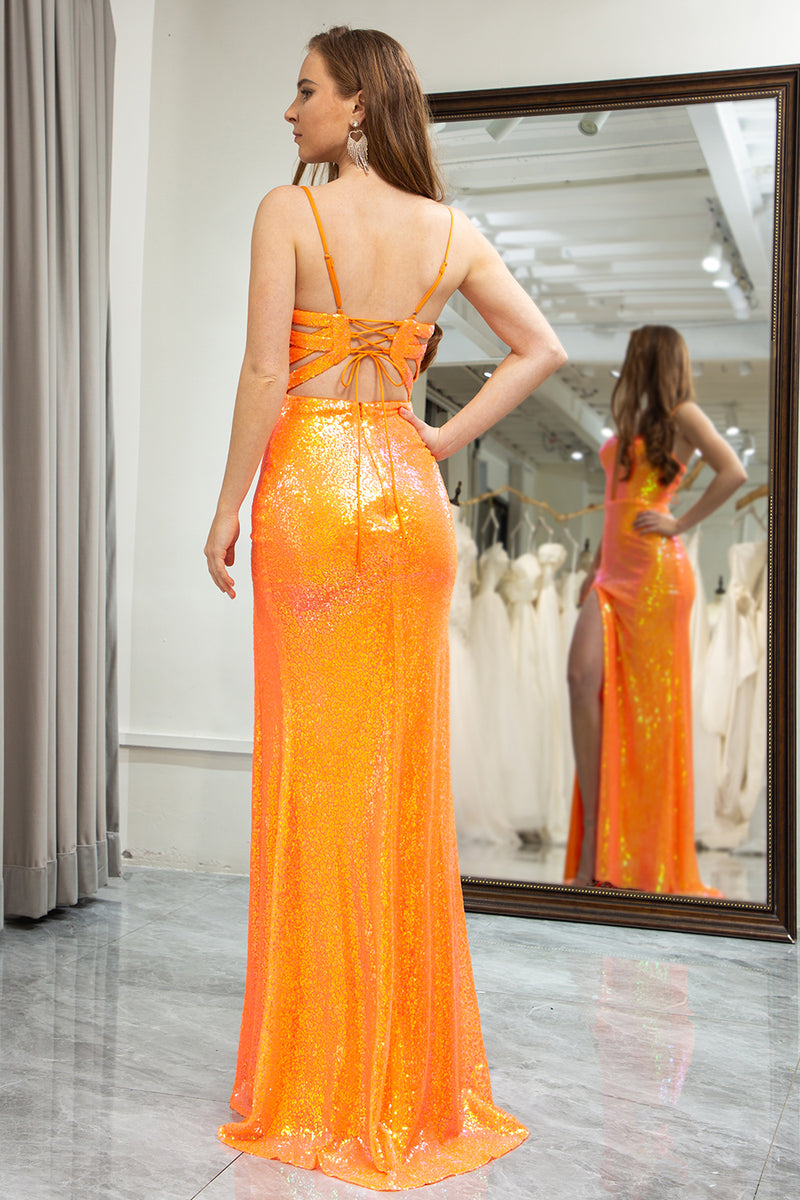 Load image into Gallery viewer, Orange Mermaid Spaghetti Straps Sequin Long Prom Dress with Slit