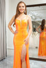 Load image into Gallery viewer, Orange Mermaid Spaghetti Straps Sequin Long Prom Dress with Slit