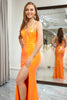 Load image into Gallery viewer, Orange Mermaid Spaghetti Straps Sequin Long Prom Dress with Slit