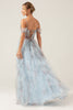 Load image into Gallery viewer, Cold Shoulder A-Line Blue Printed Long Corset Prom Dress with Slit