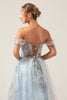 Load image into Gallery viewer, Cold Shoulder A-Line Blue Printed Long Corset Prom Dress with Slit