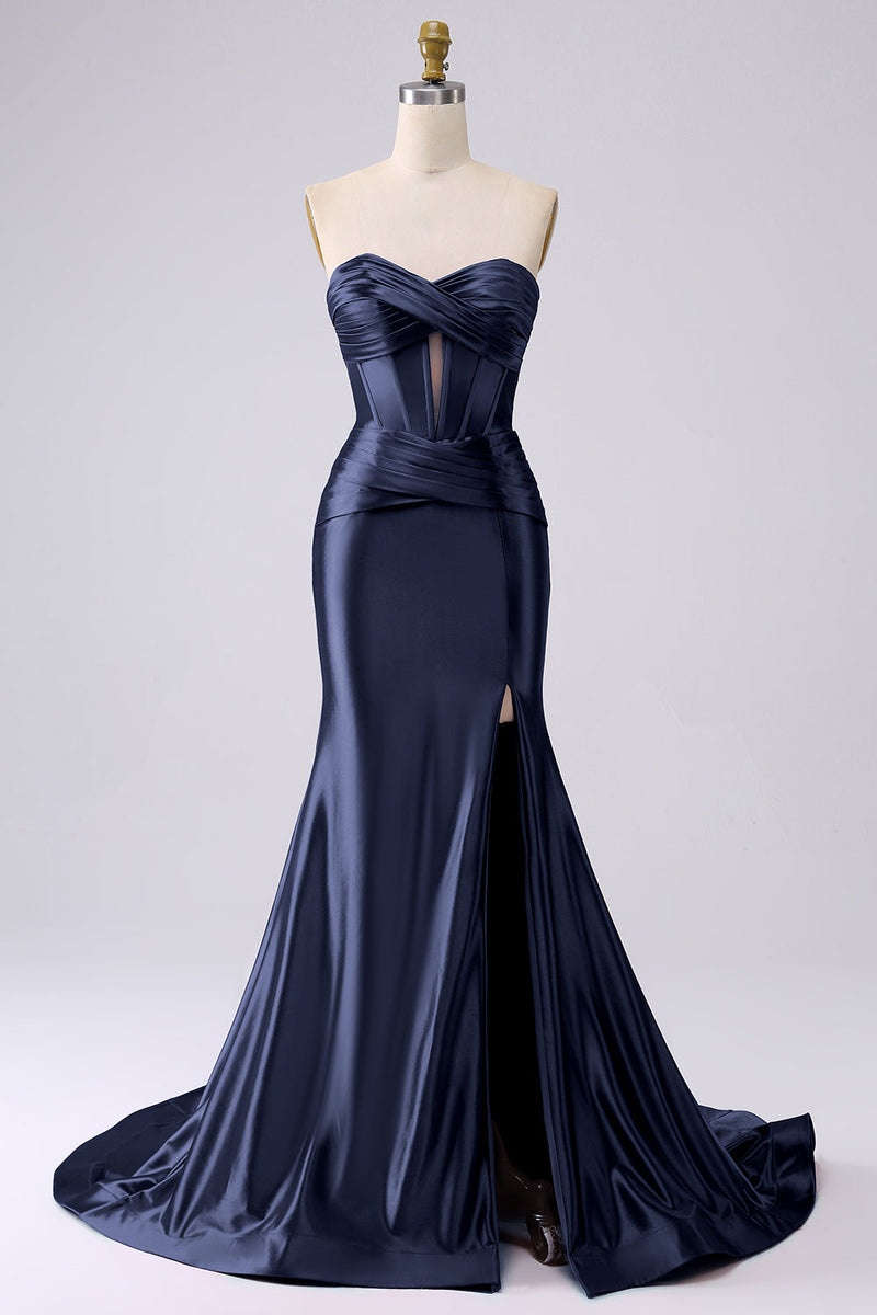 Load image into Gallery viewer, Sparkly Darrk Navy Mermaid Sweetheart Corset Long Prom Dress with Slit