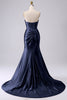 Load image into Gallery viewer, Sparkly Darrk Navy Mermaid Sweetheart Corset Long Prom Dress with Slit