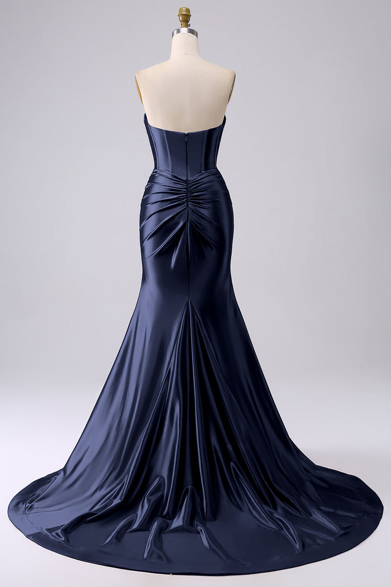 Load image into Gallery viewer, Sparkly Darrk Navy Mermaid Sweetheart Corset Long Prom Dress with Slit