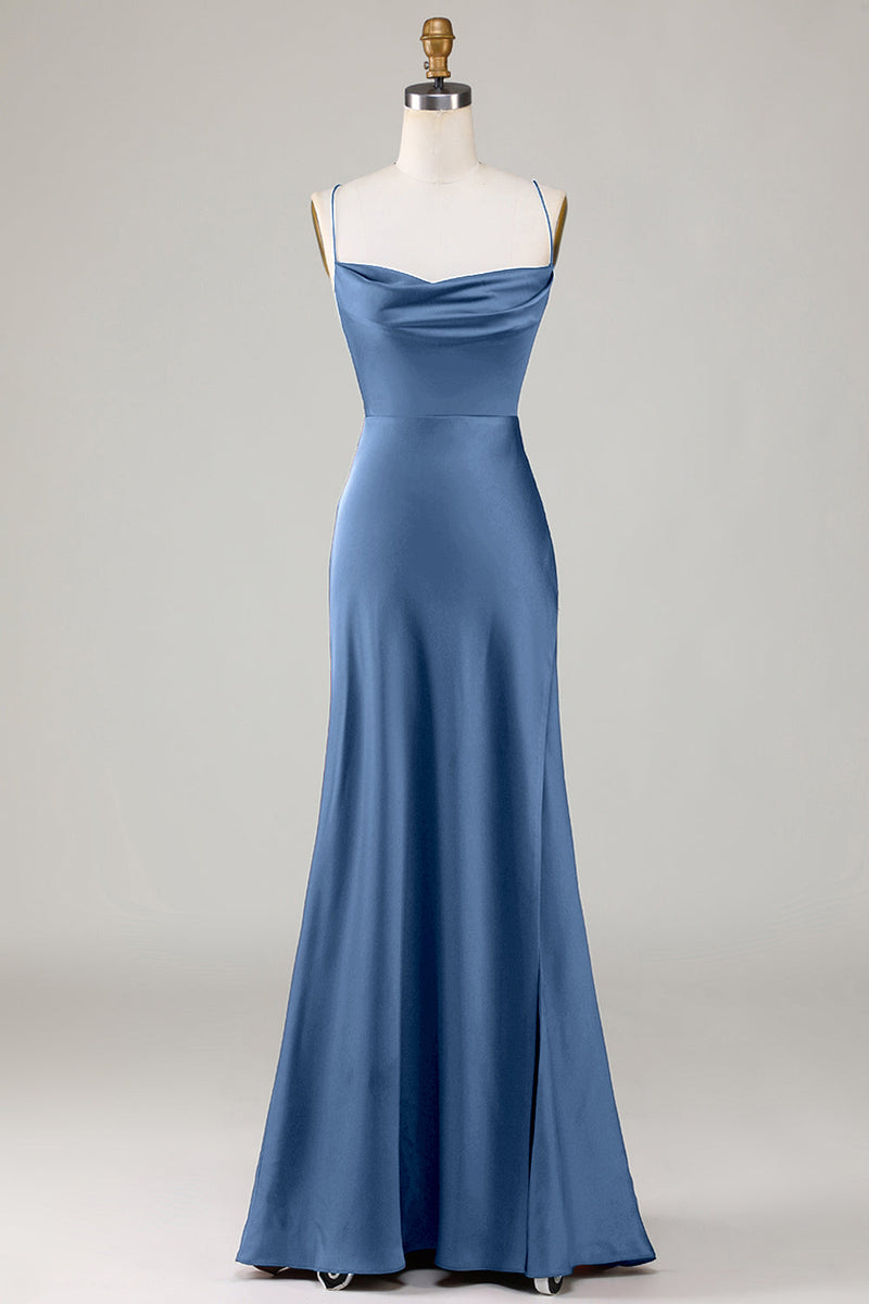 Load image into Gallery viewer, Dusty Blue Lace-Up Back Satin Simple Prom Dress with Slit