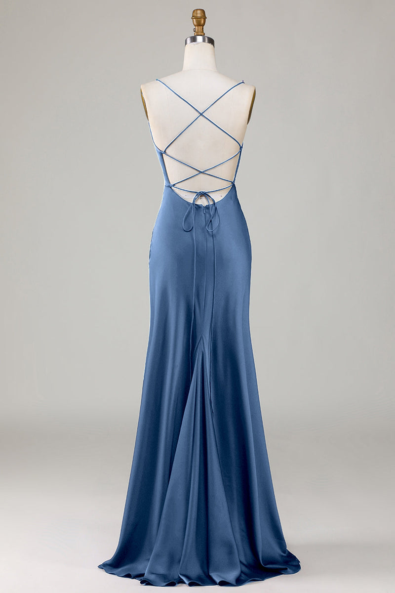 Load image into Gallery viewer, Dusty Blue Lace-Up Back Satin Simple Prom Dress with Slit