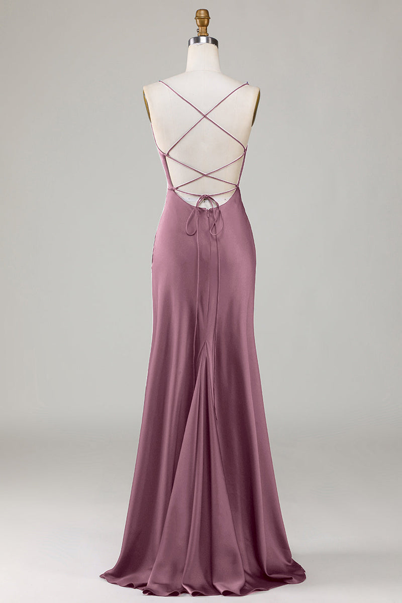 Load image into Gallery viewer, Dusty Blue Lace-Up Back Satin Simple Prom Dress with Slit