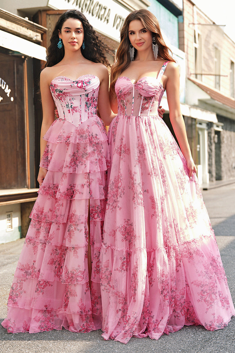 Load image into Gallery viewer, Floral A Line Strapless Corset Tiered Blush Prom Dress with Slit