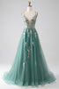 Load image into Gallery viewer, Green A-Line Spaghetti Straps Long Prom Dress With Sparkly Sequin Appliques