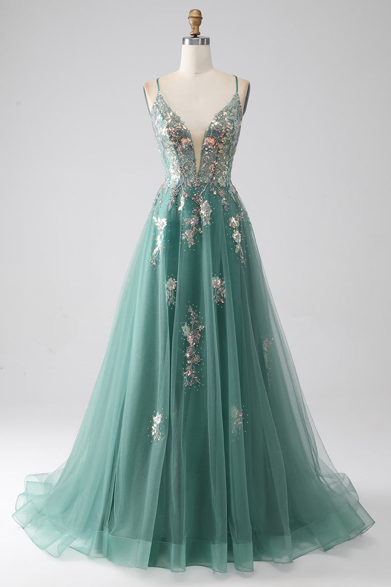 Load image into Gallery viewer, Green A-Line Spaghetti Straps Long Prom Dress With Sparkly Sequin Appliques